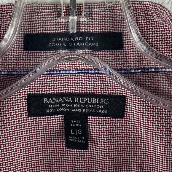 Banana Republic Dress Shirt Men L Tall Long Standard Fit Non Iron Burgundy Check - Picture 4 of 12
